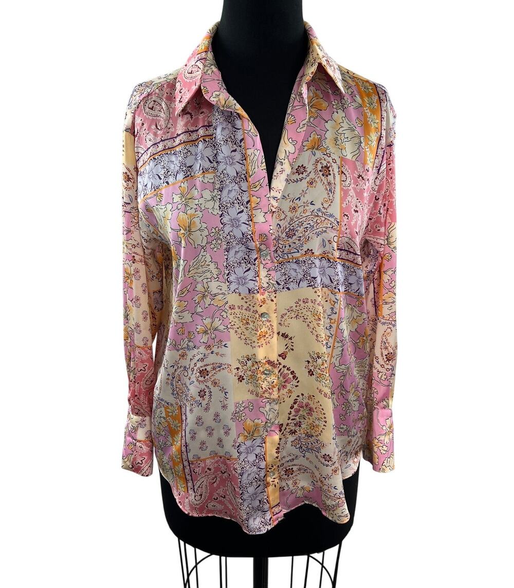 ZARA Multi Blouse Satin Floral Paisley Collared Button-Up Size X-Small XS